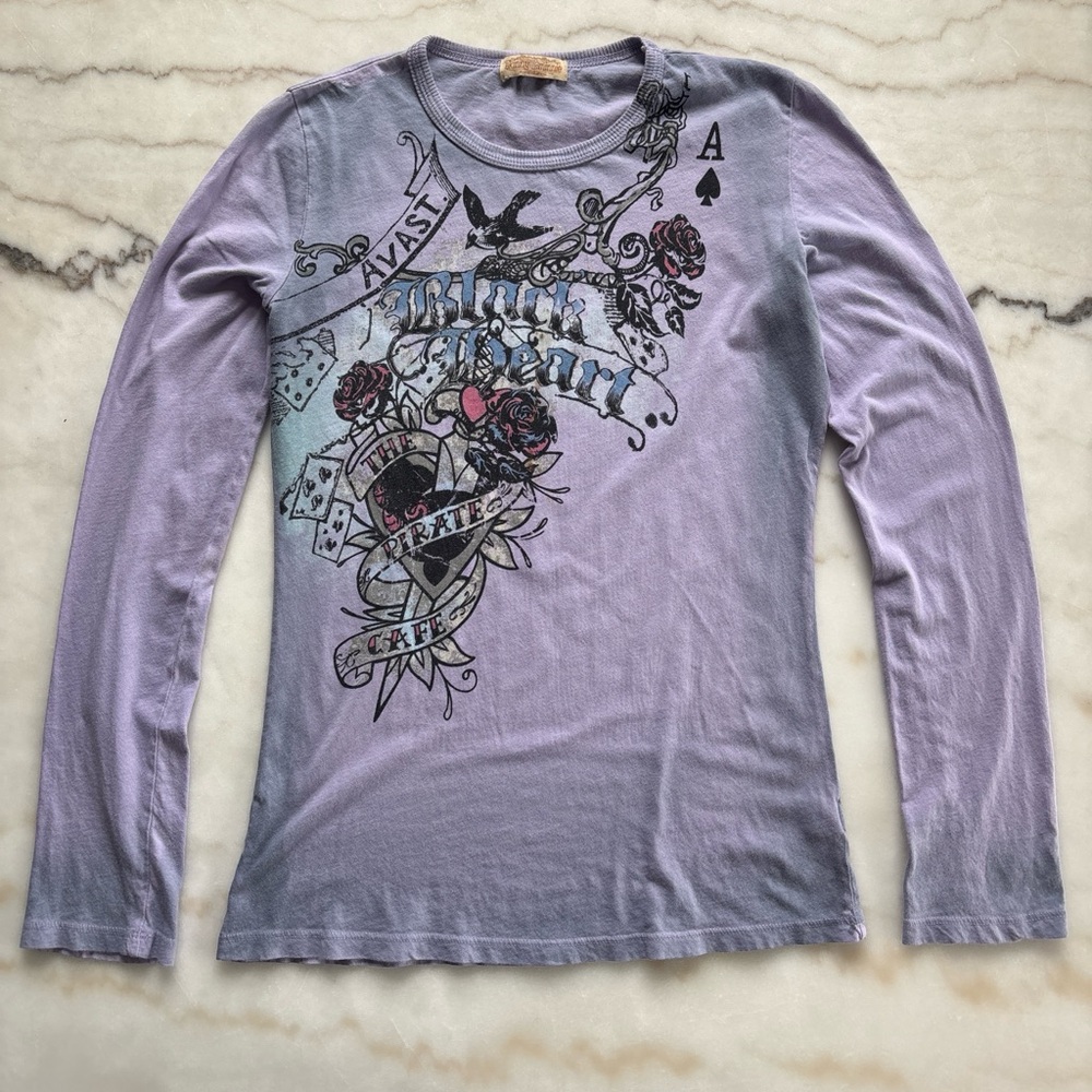 Vintage Y2K Skinny Minnie Graphic Top Long Sleeve Purple Mineral Wash M Grunge